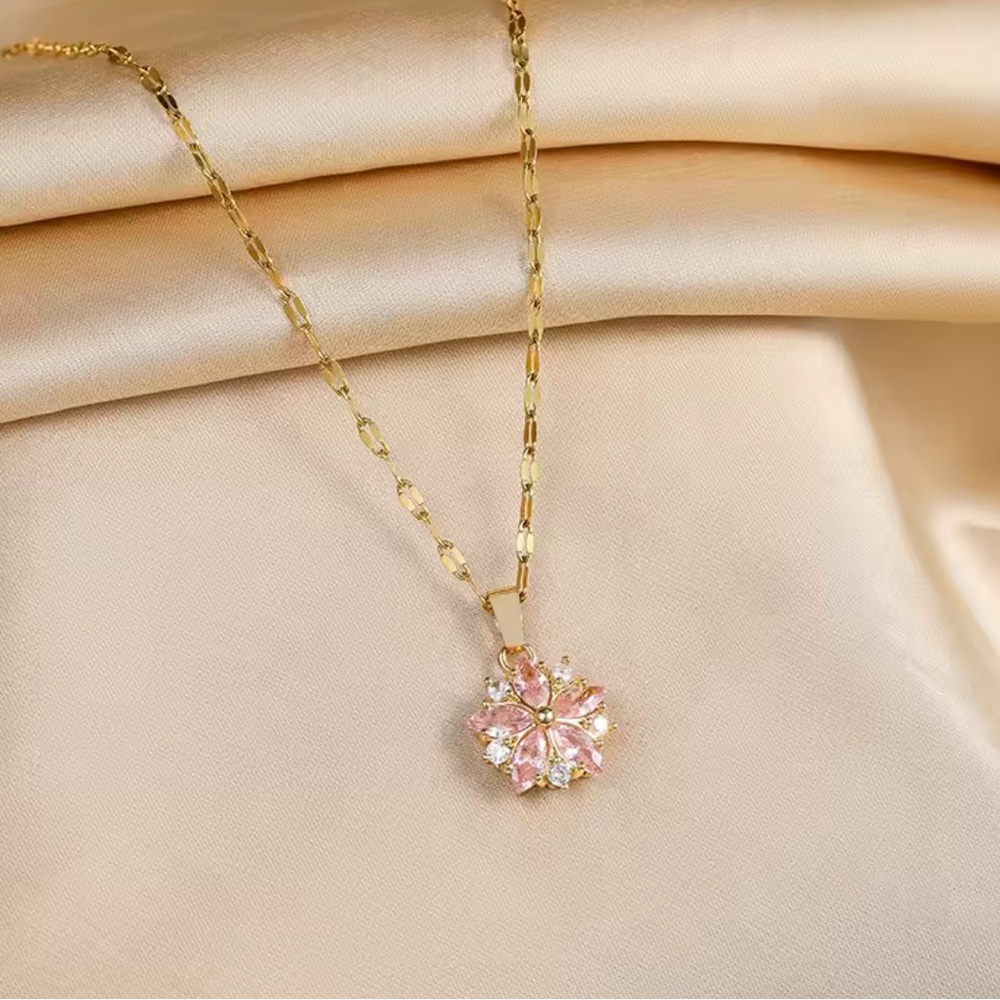 Stainless steel flower Pendant Necklace with pink Stones